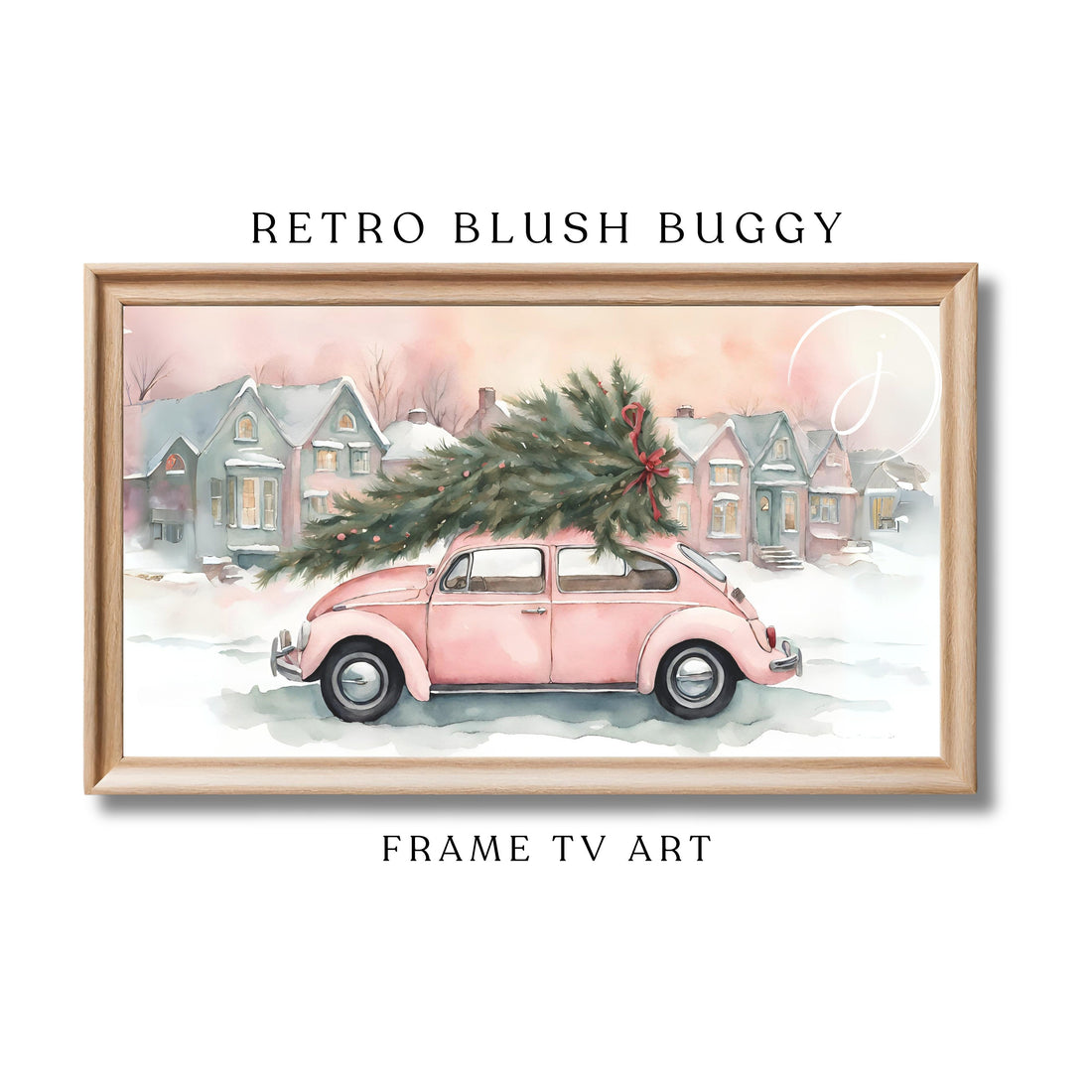 Vintage Buggy Carrying Christmas Tree, Pink Watercolor Decor, Girly Barbie Nostalgic Chic, Unique Festive Home