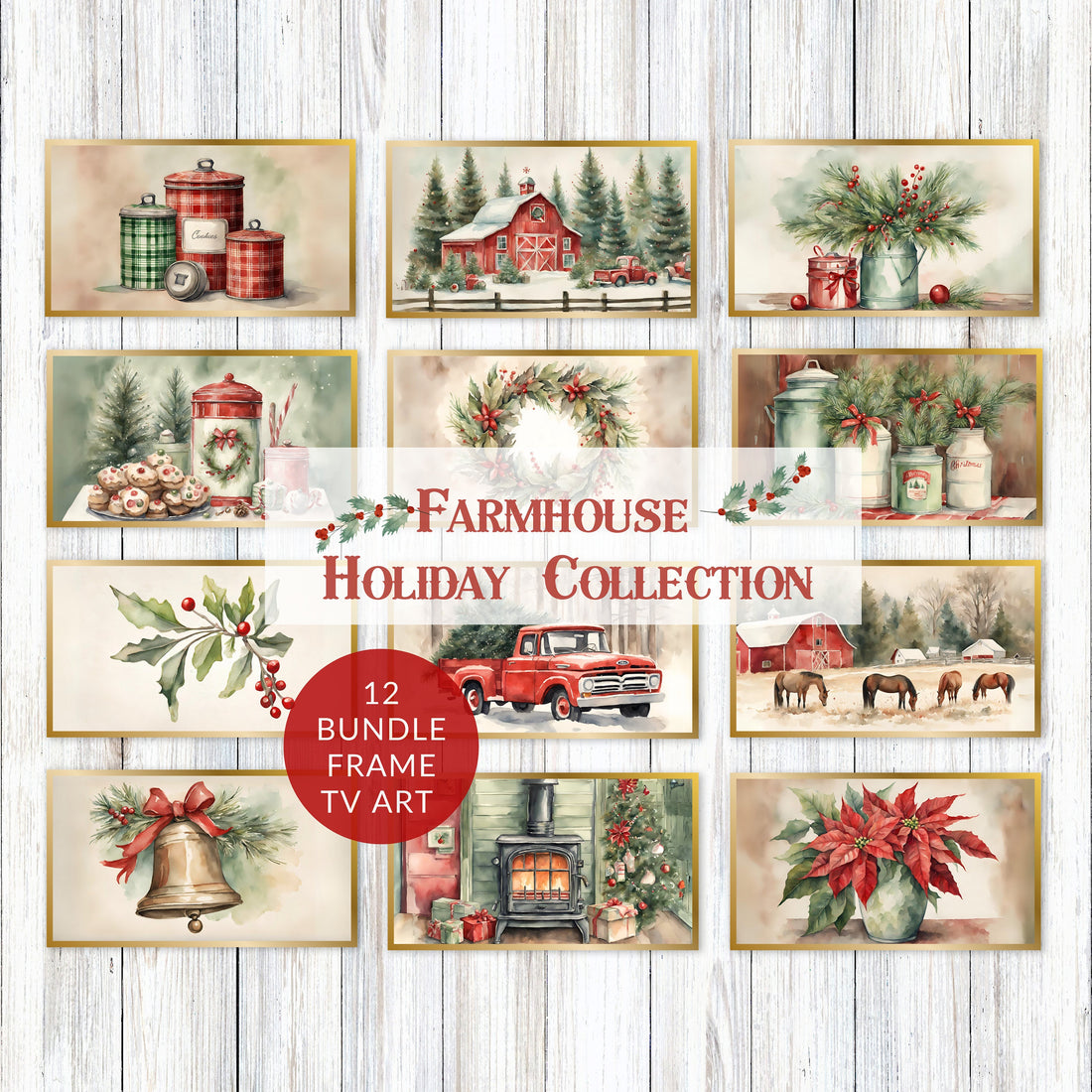 Farmhouse Christmas Holiday Watercolor Frame TV Art, Red Green Collection Mistletoe Wreath, Rustic Barn Ranch Scene, Poinsettias