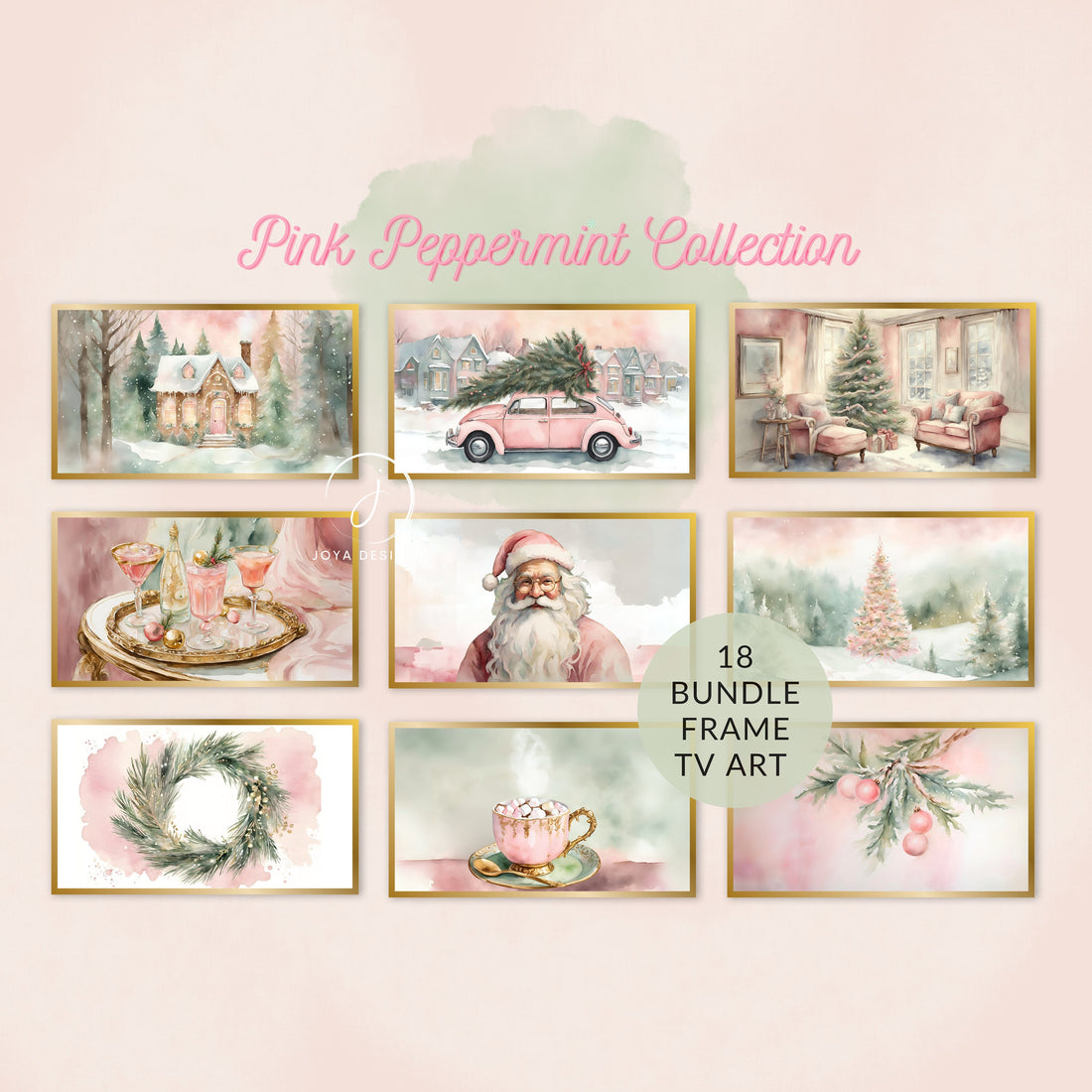 Pink Peppermint Christmas Frame TV Art | Vintage Watercolor Holiday Painting | Pink Wash Digital Art | Unique Festive Home Decor