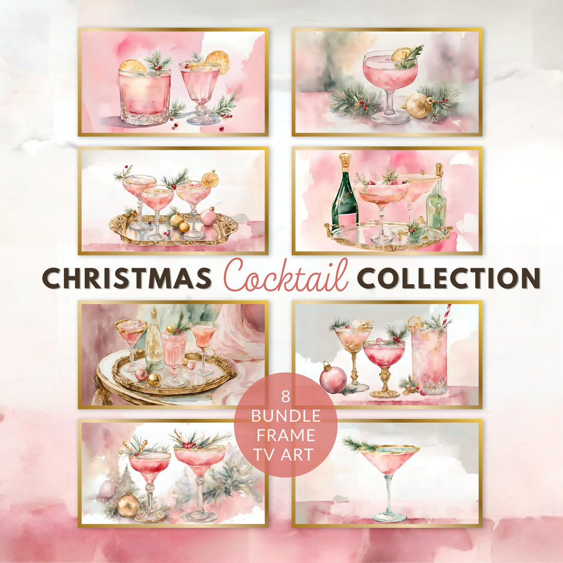 Christmas Chic Cocktail Watercolor Art Collection | Vintage-Inspired Antique Frame TV Digital Print | Victorian Champagne