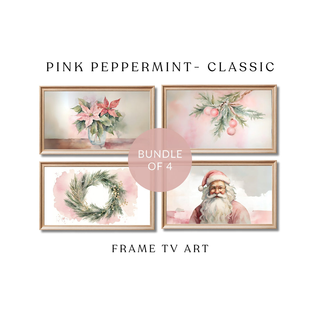 Pink Christmas Frame TV Art | Watercolor Holiday Painting | Pink Wash Digital Art | Unique Festive Home Decor| Pink Peppermint- Vintage
