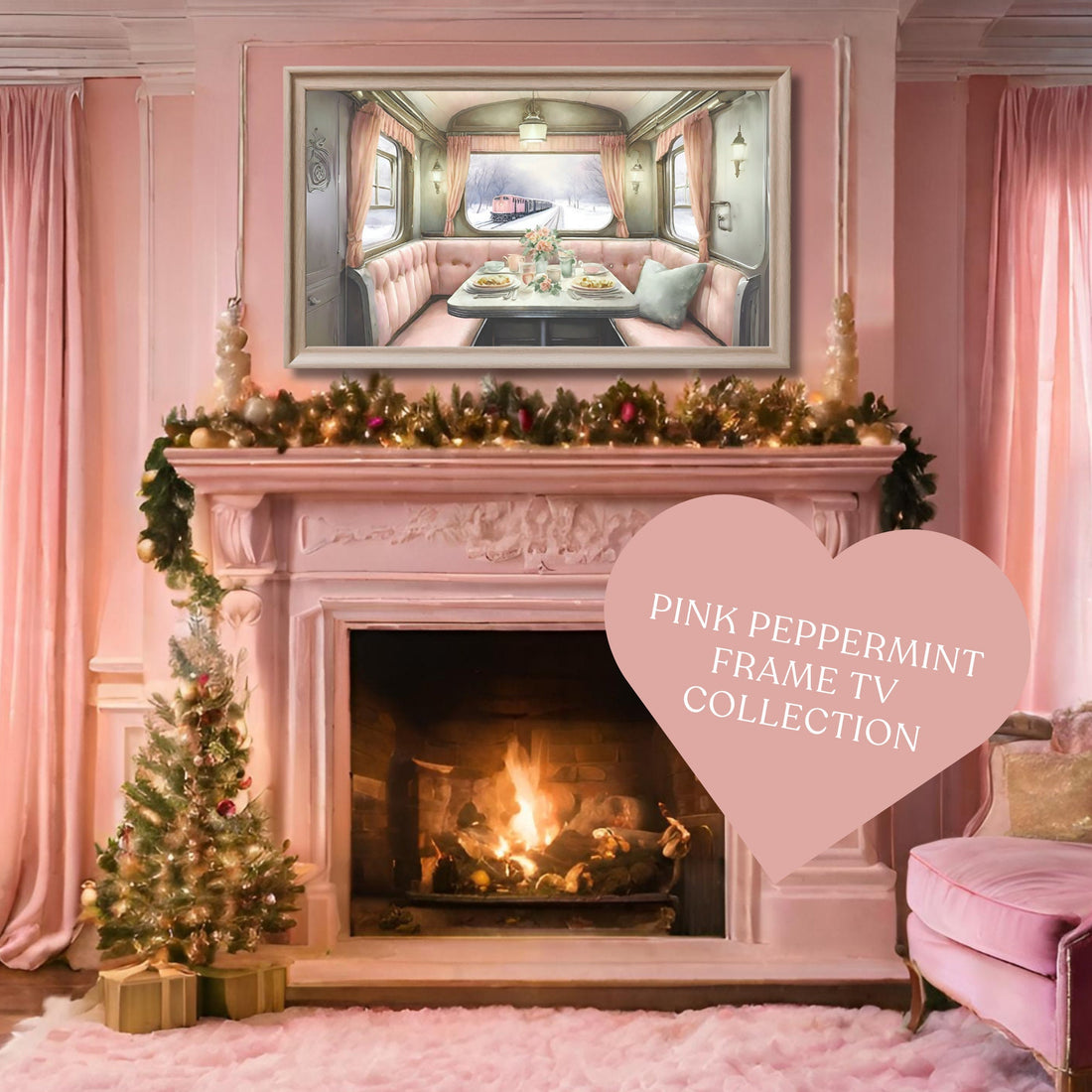 Pink Christmas Frame TV Art | Vintage Watercolor Holiday Painting | Pink Wash Digital Art | Festive Home Decor | Peppermint Pink-Vintage