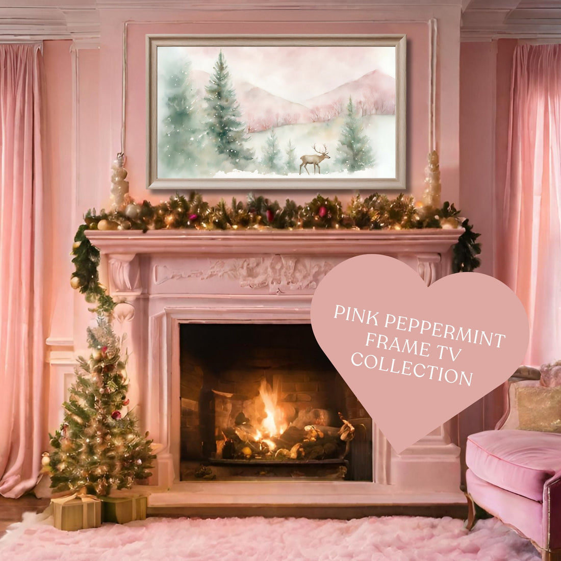 Pink Christmas Frame TV Art | Vintage Watercolor Holiday Painting | Pink Wash Digital Art | Festive Home Decor | Peppermint Pink-Whimsical