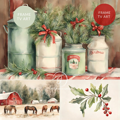 Farmhouse Christmas Holiday Watercolor Frame TV Art, Red Green Collection Mistletoe Wreath, Rustic Barn Ranch Scene, Poinsettias