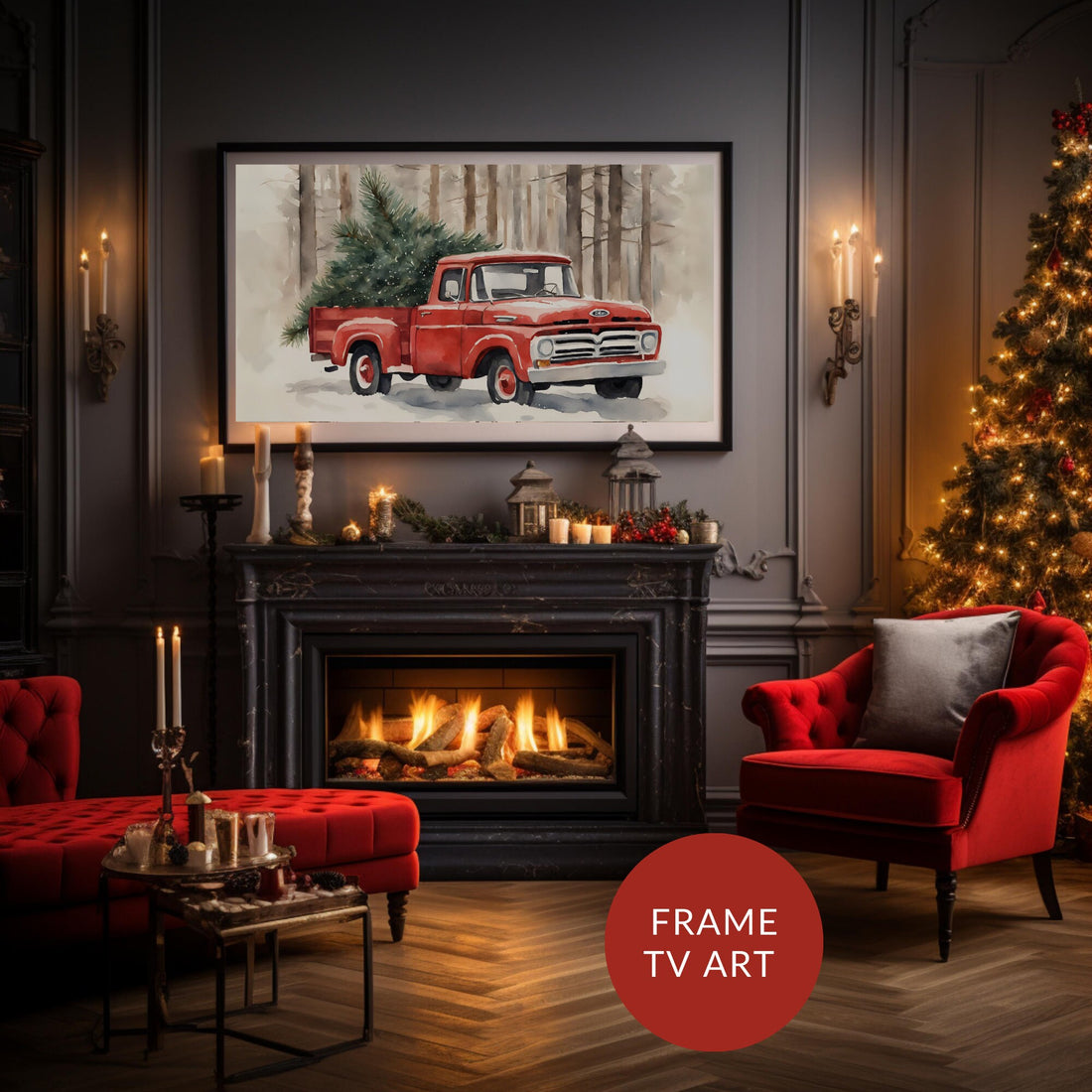 Vintage Christmas Art | Festive F-100 | Ford Truck | Winter Digital Art | Christmas Frame TV Art | Nostalgic Red Frame TV Art
