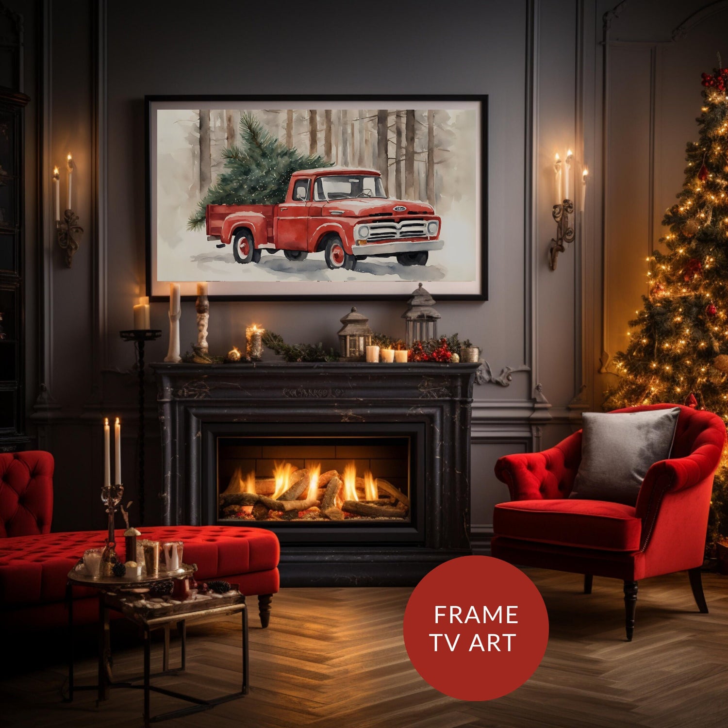 Vintage Christmas Art | Festive F-100 | Ford Truck | Winter Digital Art | Christmas Frame TV Art | Nostalgic Red Frame TV Art