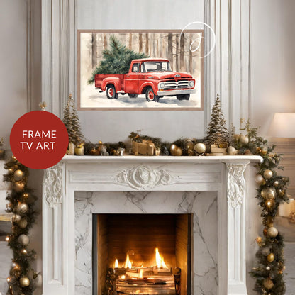 Vintage Christmas Art | Festive F-100 | Ford Truck | Winter Digital Art | Christmas Frame TV Art | Nostalgic Red Frame TV Art