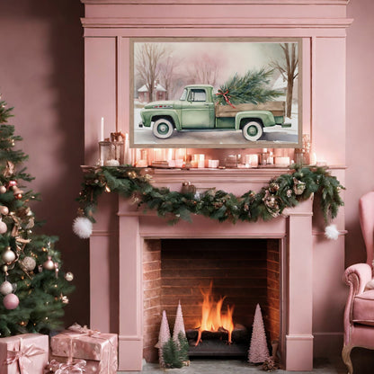 Minty Merry Ride Truck Christmas Tree Watercolor Art | Festive Holiday Winter Digital Frame TV Nostalgic Holidays Unique Pink Green Wash