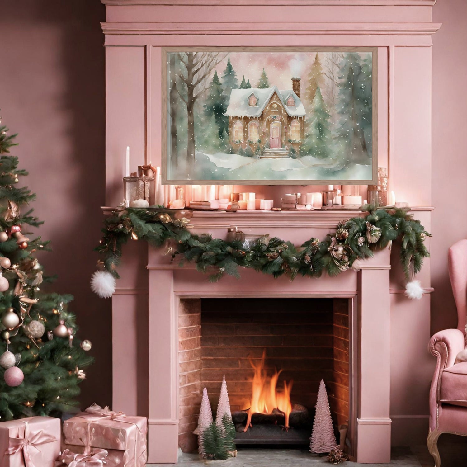 Blushing Gingerbread House Watercolor Art | Festive Holiday Winter Wonderland Digital Frame TV Nostalgic Holidays Unique Pink Green Wash