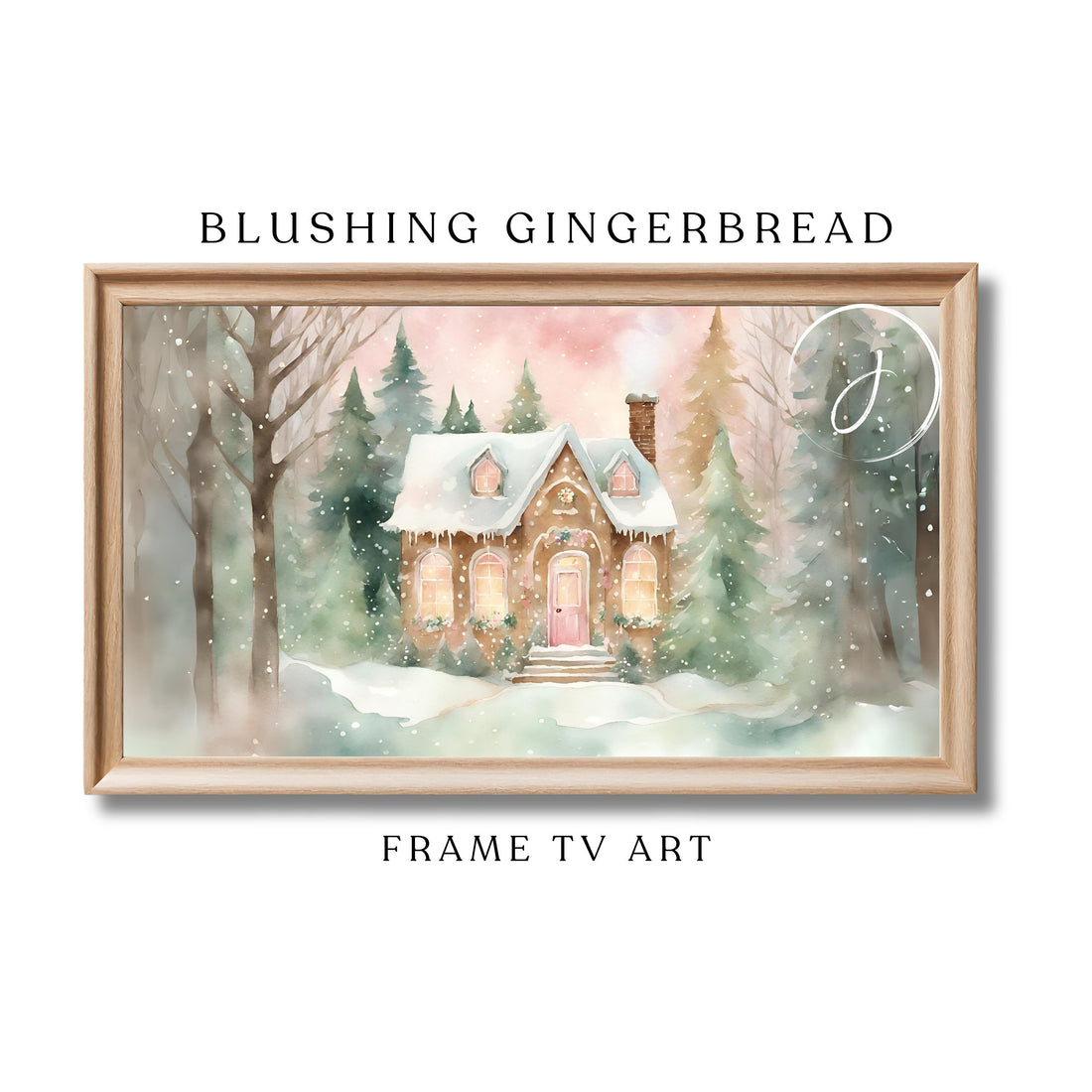Blushing Gingerbread House Watercolor Art | Festive Holiday Winter Wonderland Digital Frame TV Nostalgic Holidays Unique Pink Green Wash