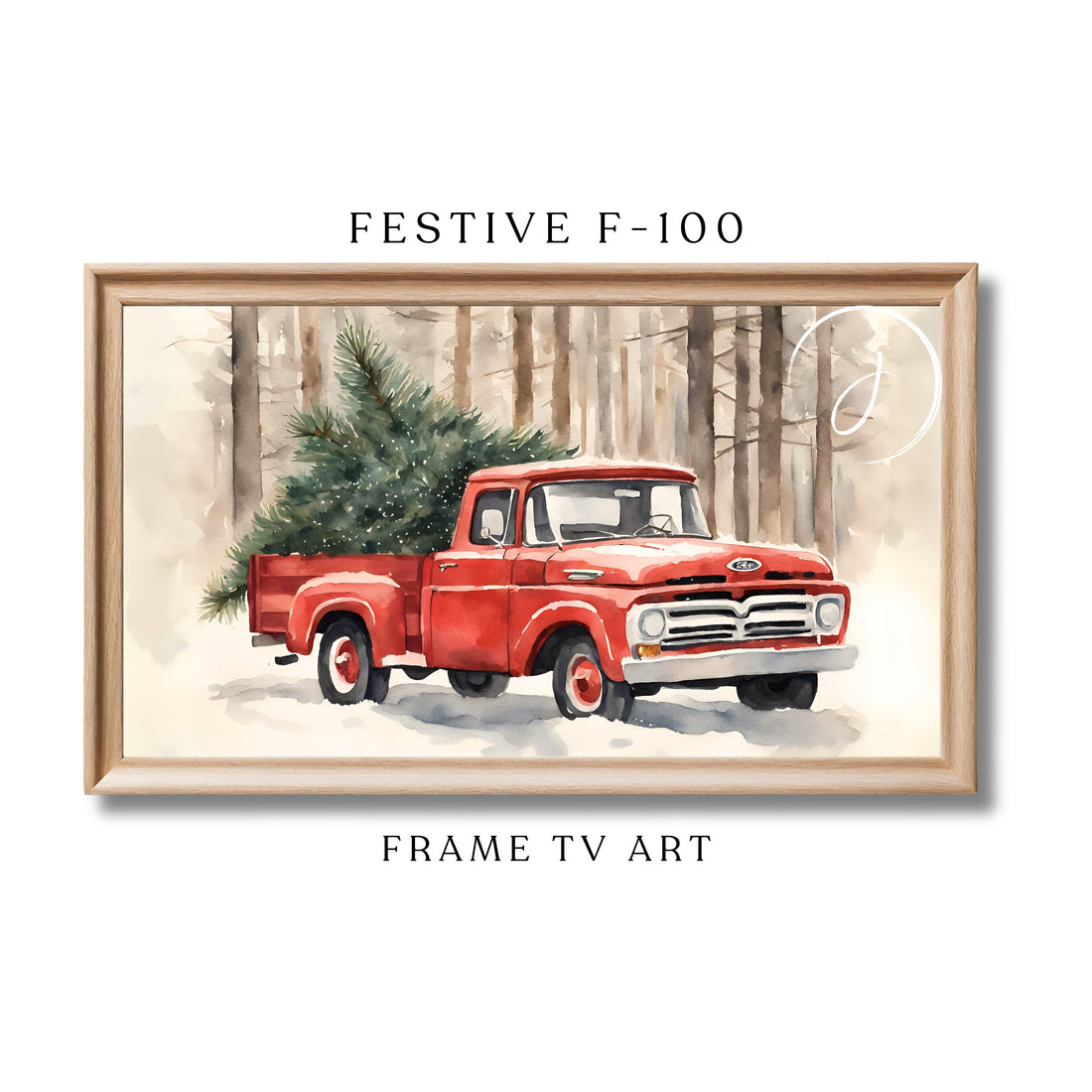 Vintage Christmas Art | Festive F-100 | Ford Truck | Winter Digital Art | Christmas Frame TV Art | Nostalgic Red Frame TV Art