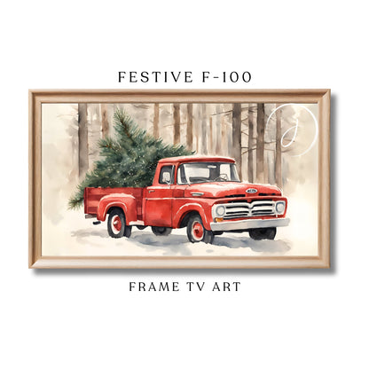 Vintage Christmas Art | Festive F-100 | Ford Truck | Winter Digital Art | Christmas Frame TV Art | Nostalgic Red Frame TV Art