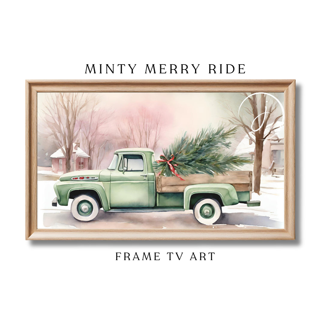 Minty Merry Ride Truck Christmas Tree Watercolor Art | Festive Holiday Winter Digital Frame TV Nostalgic Holidays Unique Pink Green Wash