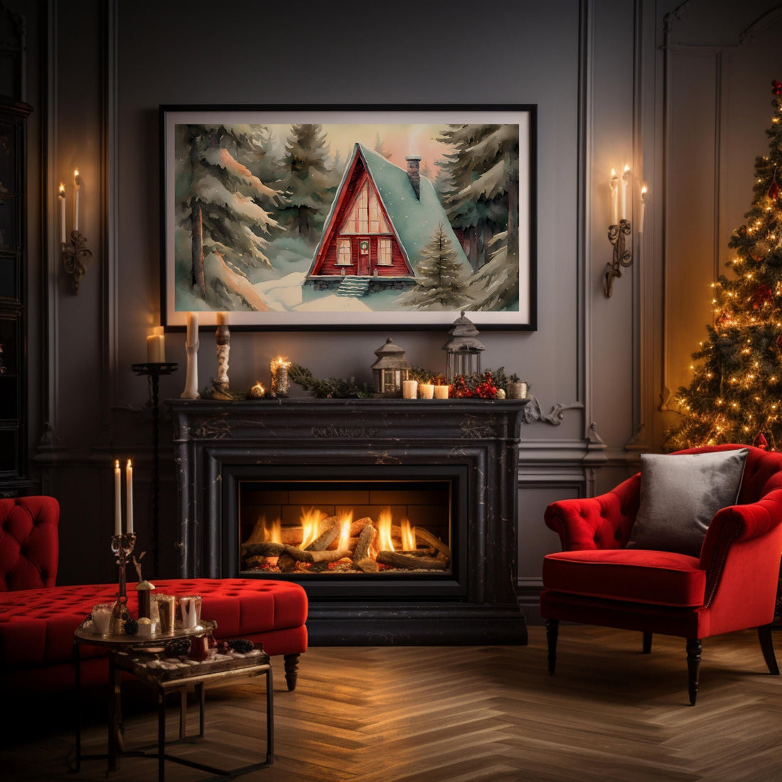Christmas Art for Samsung Frame TV Art | Red Cabin Winter Watercolor Painting | Holiday Digital Art | Christmas Decor | Crimson Cottage