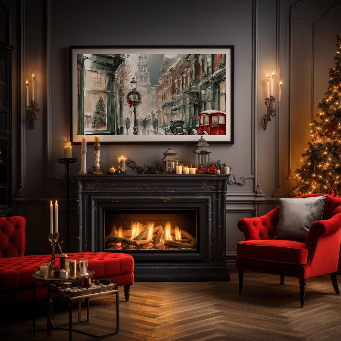 Christmas Art for Samsung Frame TV Art |Vintage Winter Watercolor Painting | Holiday Digital Art | Christmas Decor | Oriental Street | Joya