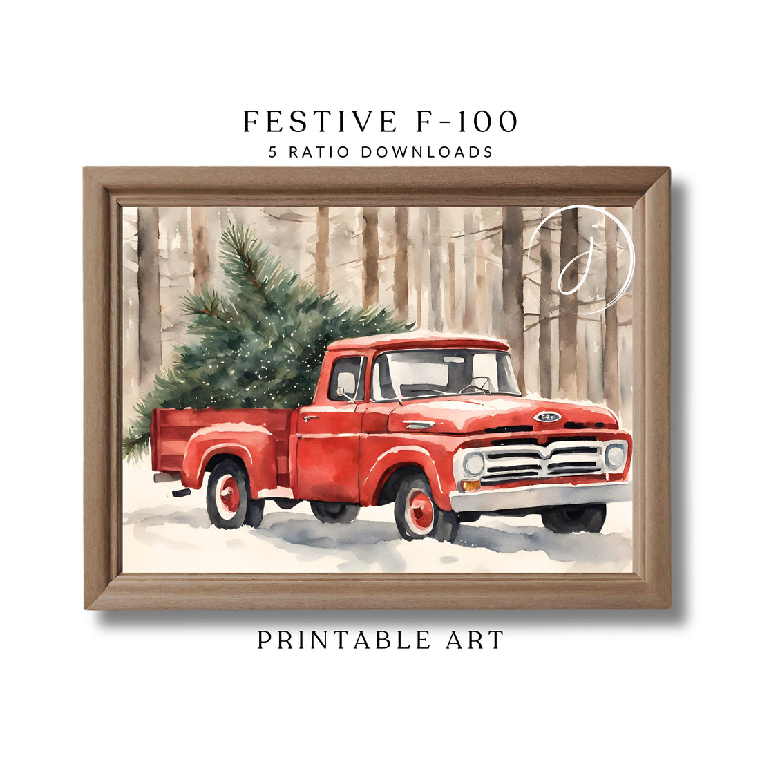 Retro Truck | Vintage Ford Truck | Printable Wall Art | Christmas Decor | Collectible Item | Digital Art | Holiday Watercolor Festive F-100