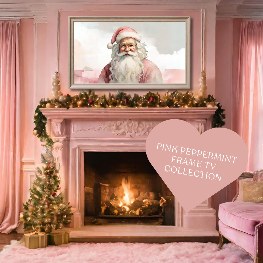 Pink Christmas Frame TV Art | Watercolor Holiday Painting | Pink Wash Digital Art | Unique Festive Home Decor| Pink Peppermint- Vintage