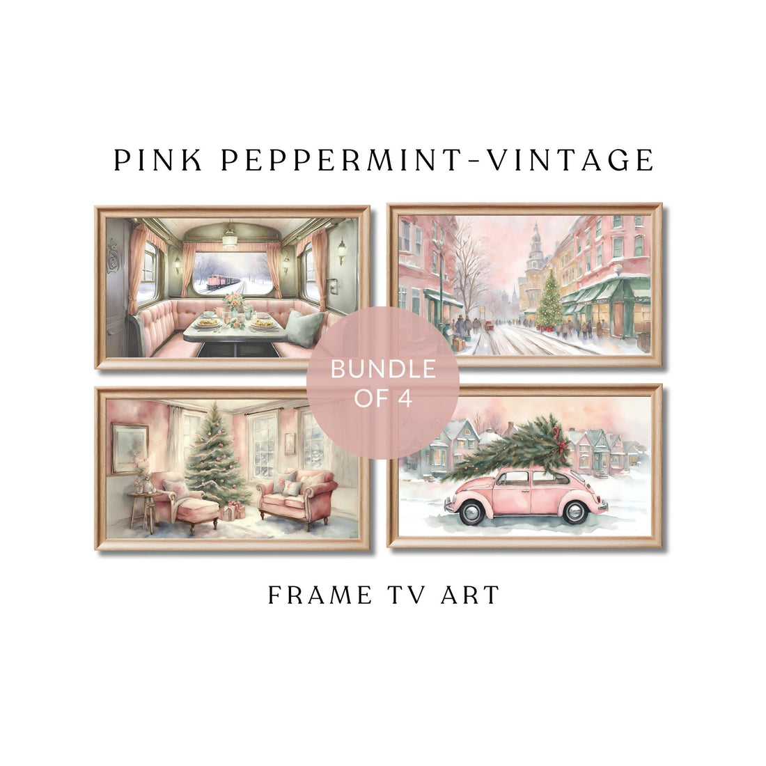 Pink Christmas Frame TV Art | Vintage Watercolor Holiday Painting | Pink Wash Digital Art | Festive Home Decor | Peppermint Pink-Vintage